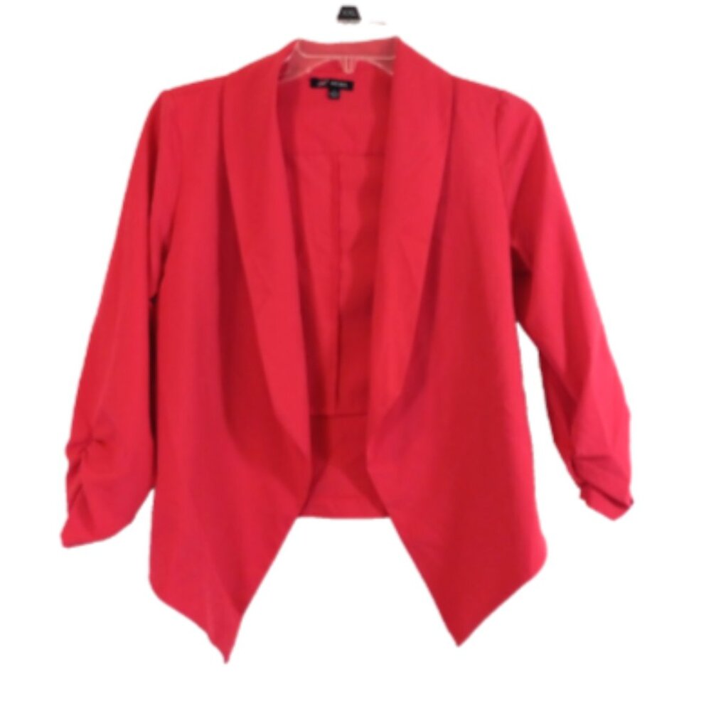 Michel Open Front Blazer S Red Ruched 3/4 Sleeve Lightweight Jacket